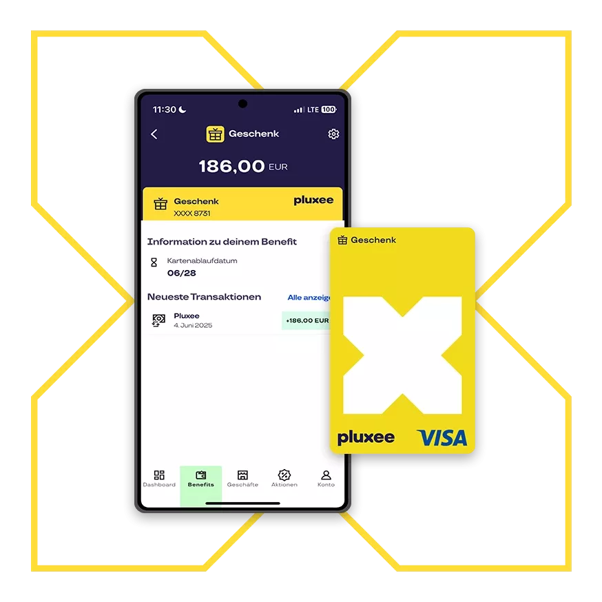 Smartphone mit geöffneter App zeigt Geschenk Guthaben von 186 Euro und eine gelb-weiße Pluxee-Karte mit großem X-Symbol