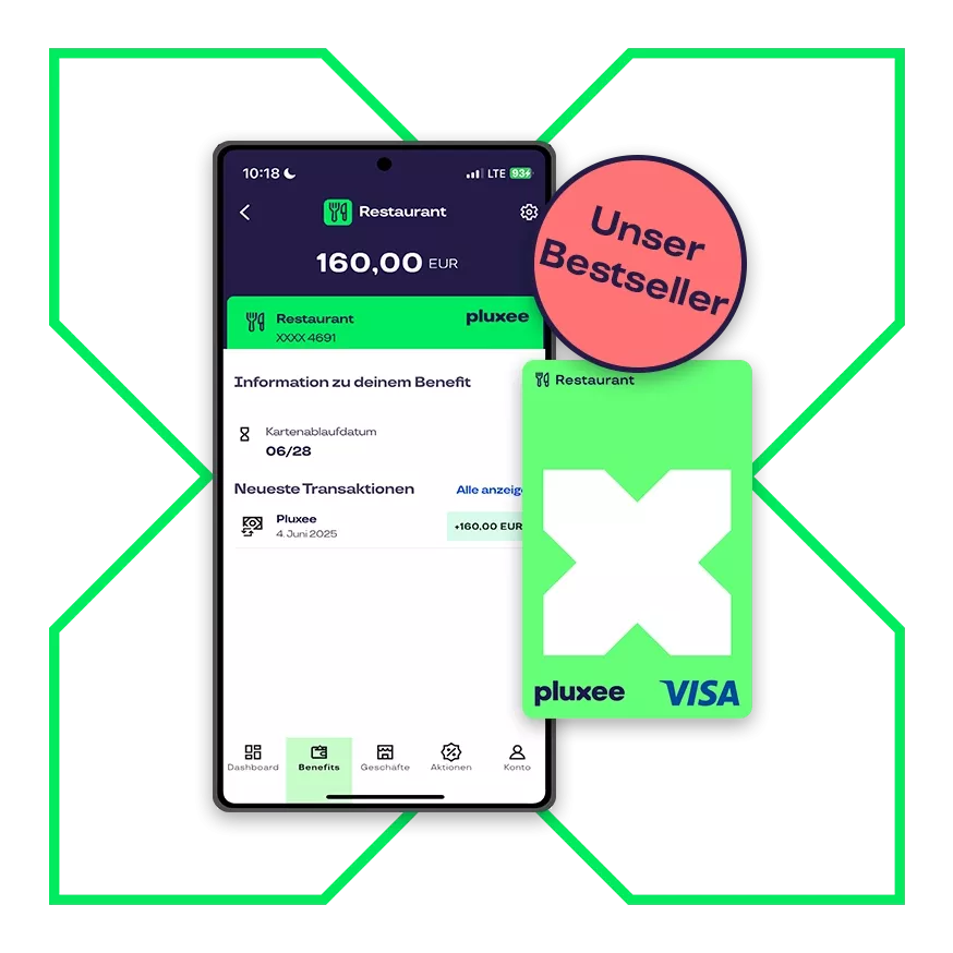 Smartphone mit geöffneter App zeigt Restaurant Guthaben von 160 Euro und eine grün-weiße Pluxee-Karte mit großem X-Symbol