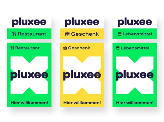 Pluxee Tür-Aufkleber für Akzeptanzstellen der Produkte Restaurant, Geschenk und Lebensmittel – zeigt, wo Pluxee Benefits eingelöst werden können.