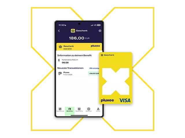 App, die die Pluxee Restaurant Karte auf gelbem Hintergrund zeigt
