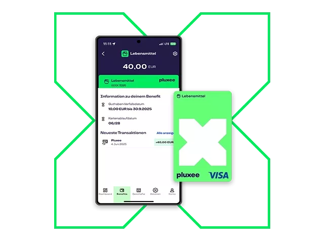 Smartphone mit App zeigt Lebensmittel Guthaben und eine Pluxee-Karte mit großem X-Symbol