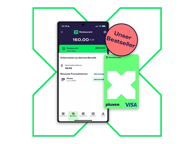 Smartphone mit App zeigt Restaurant Guthaben und eine Pluxee-Karte mit großem X-Symbol