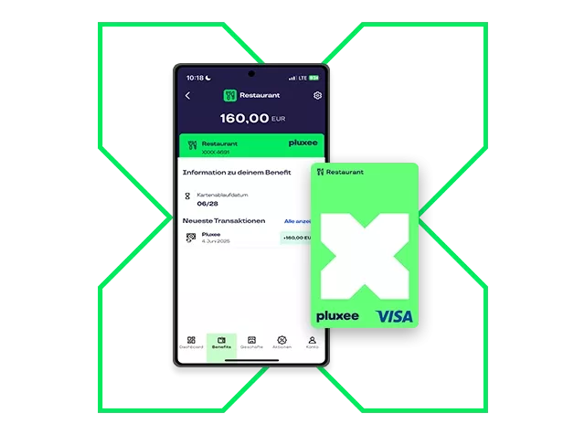 App, die die Pluxee Restaurant Karte auf grünem Hintergrund zeigt